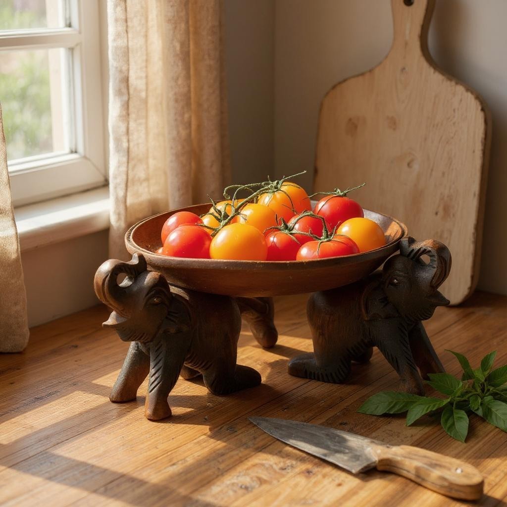 Bowl of tomatoes on Triple Elephant Round Wood Tray Stand with a knife and plant on a wooden surface.