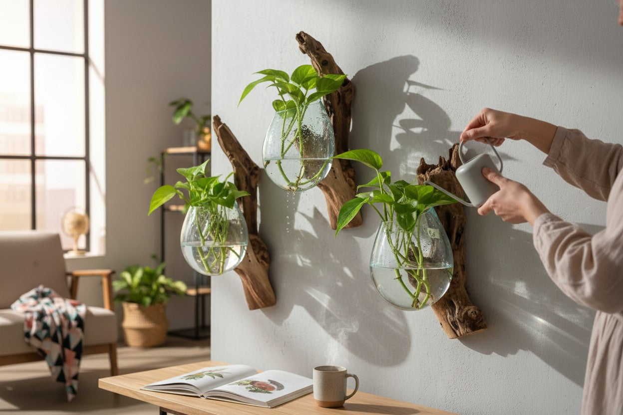 Person interacting with wall-mounted planters made from driftwood and glass jars in a home setting.