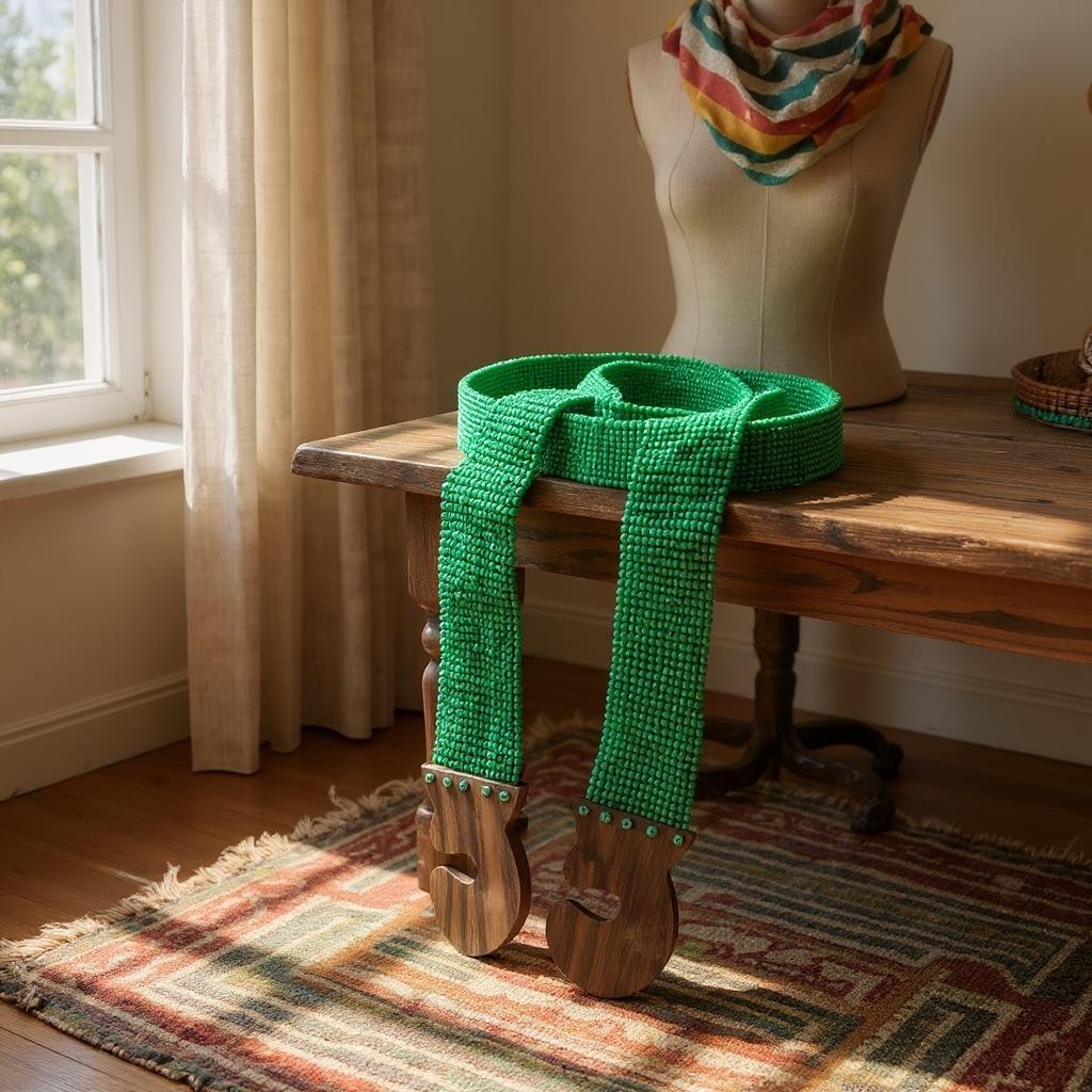 Green knitted scarf on a wooden mannequin in a room with a window and curtains.