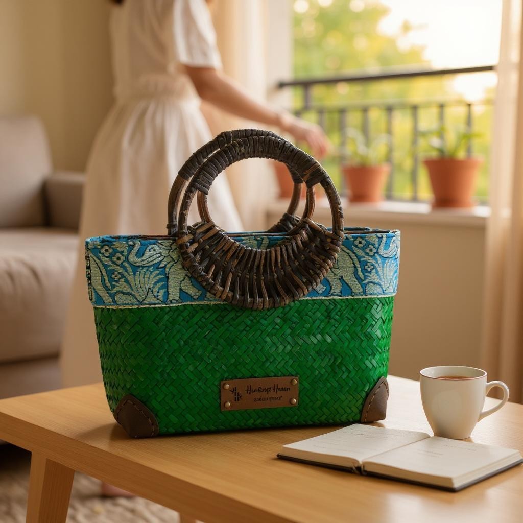 Green Handwoven straw bag with bamboo handle and silk border detail