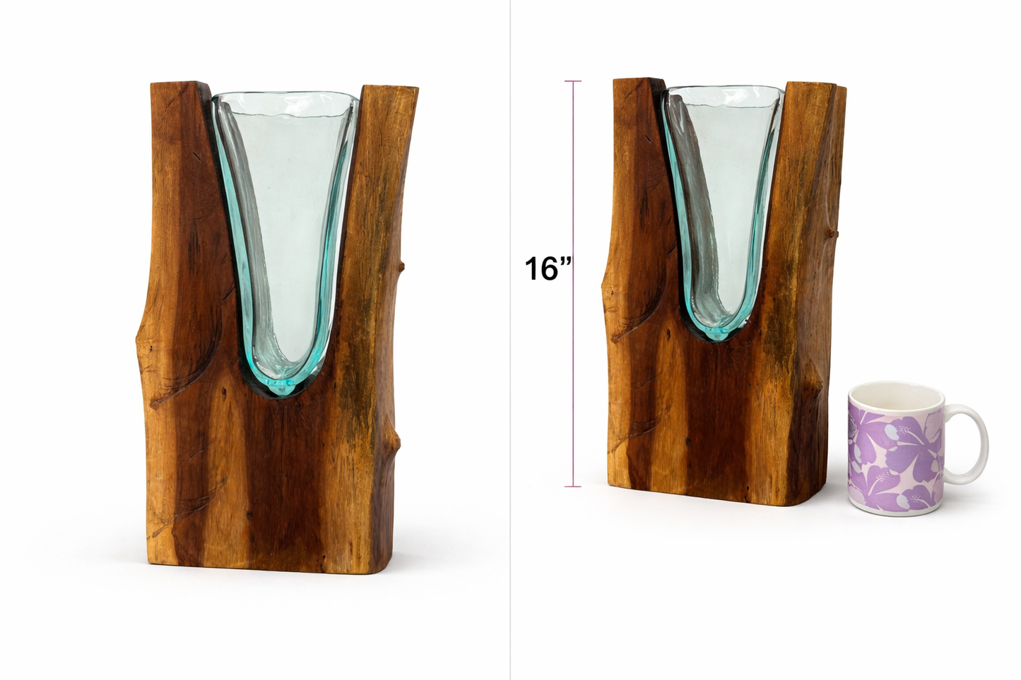 Wooden vase with glass insert and a mug for scale on a white background