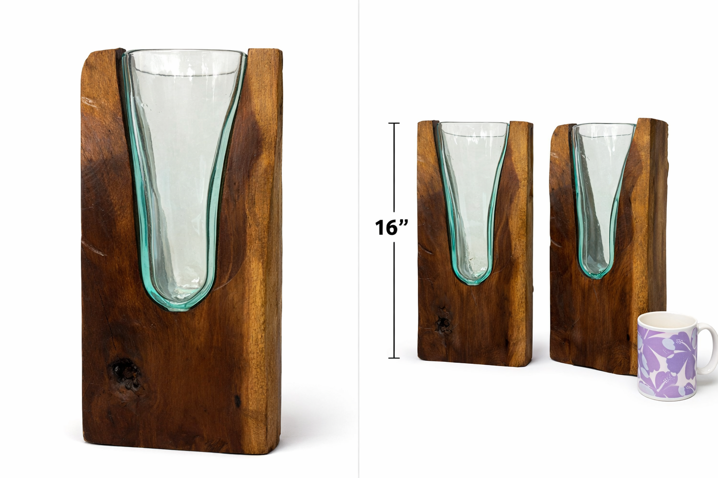 Wooden vase with glass insert and dimensions shown next to a mug.