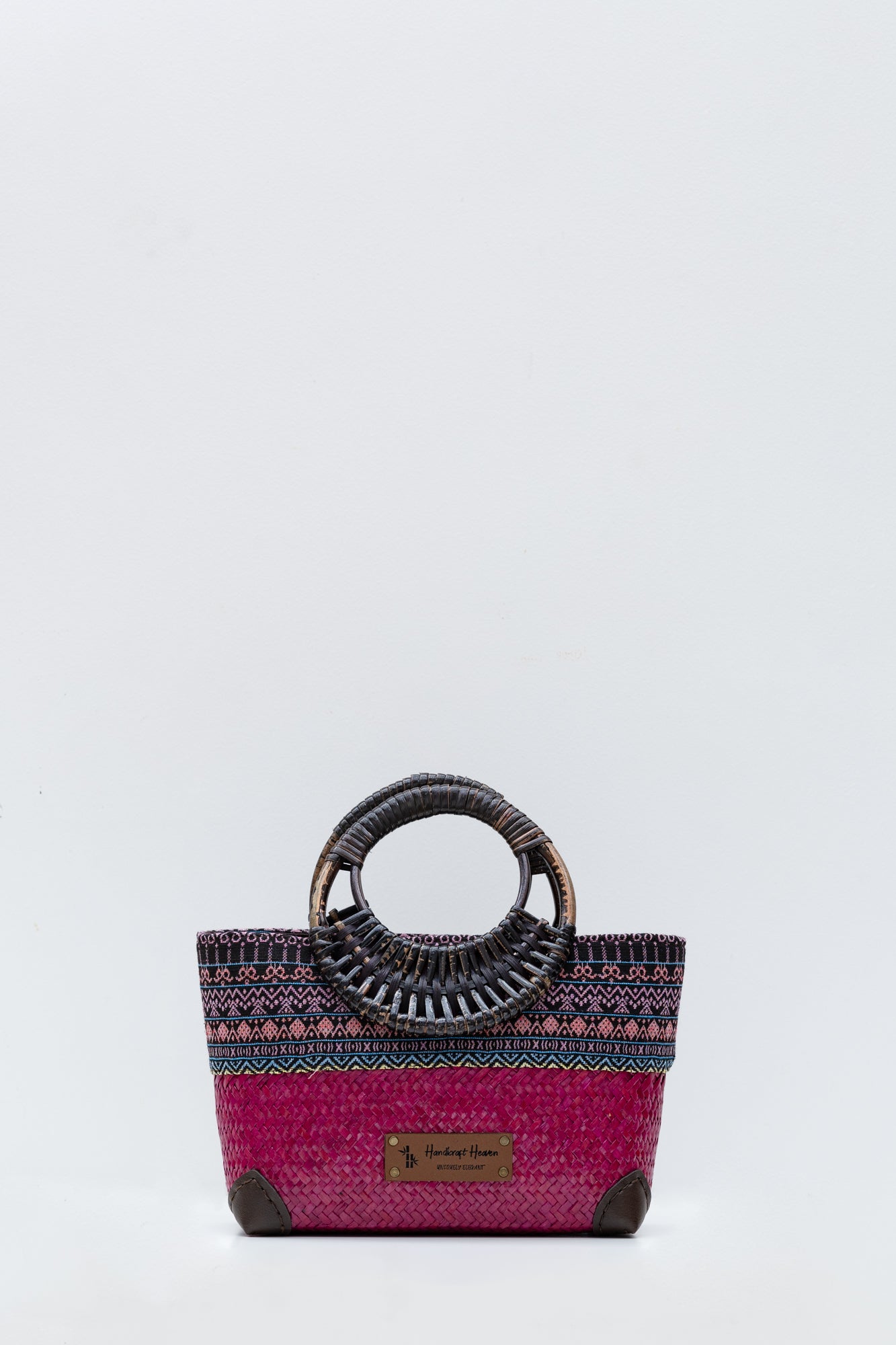 Handwoven Contemporary Thai Straw/Krajood Bags with Bamboo Top Handle Batik border and Zipper closure