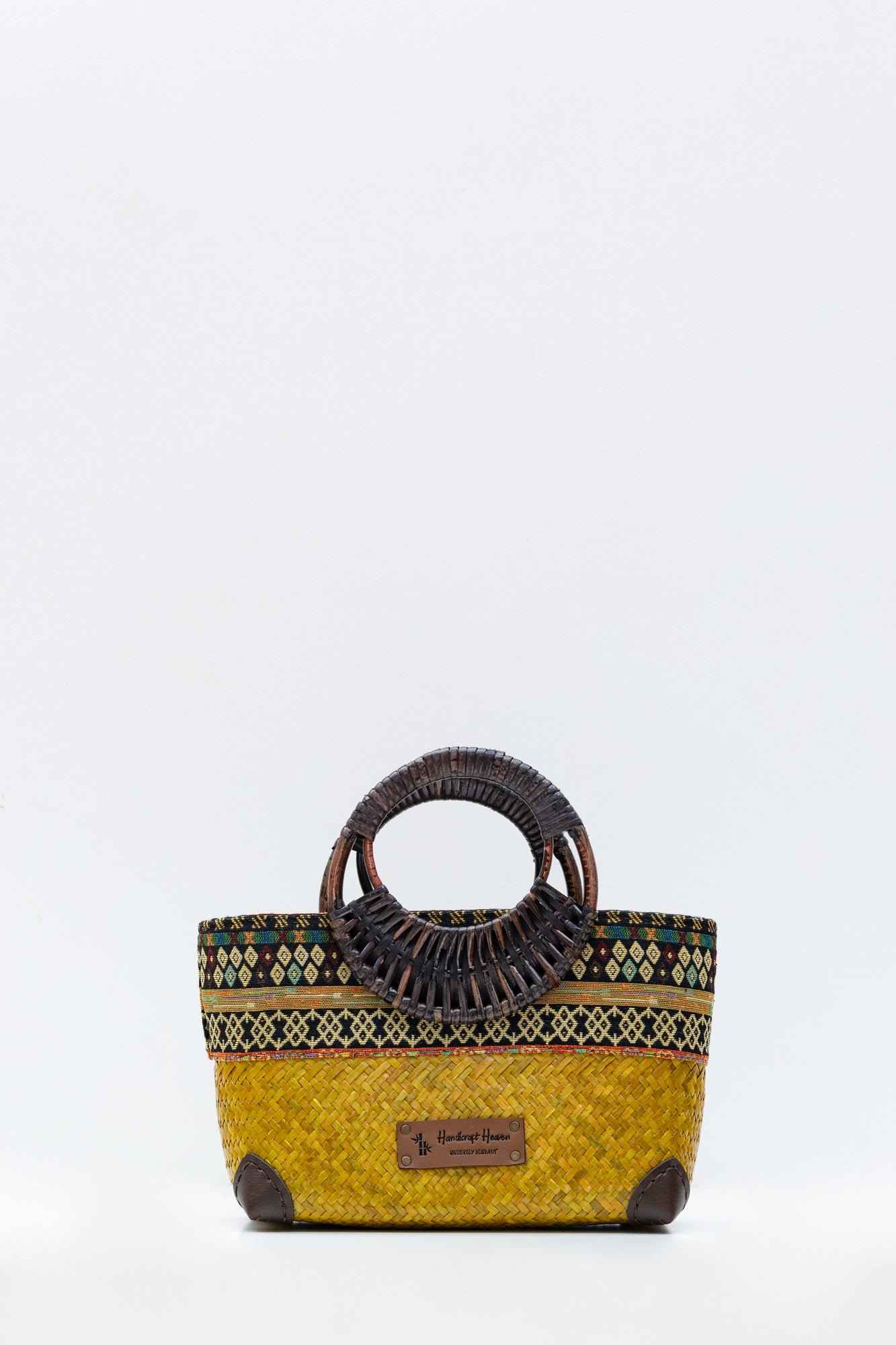 Handwoven Contemporary Thai Straw/Krajood Bags with Bamboo Top Handle Batik border and Zipper closure