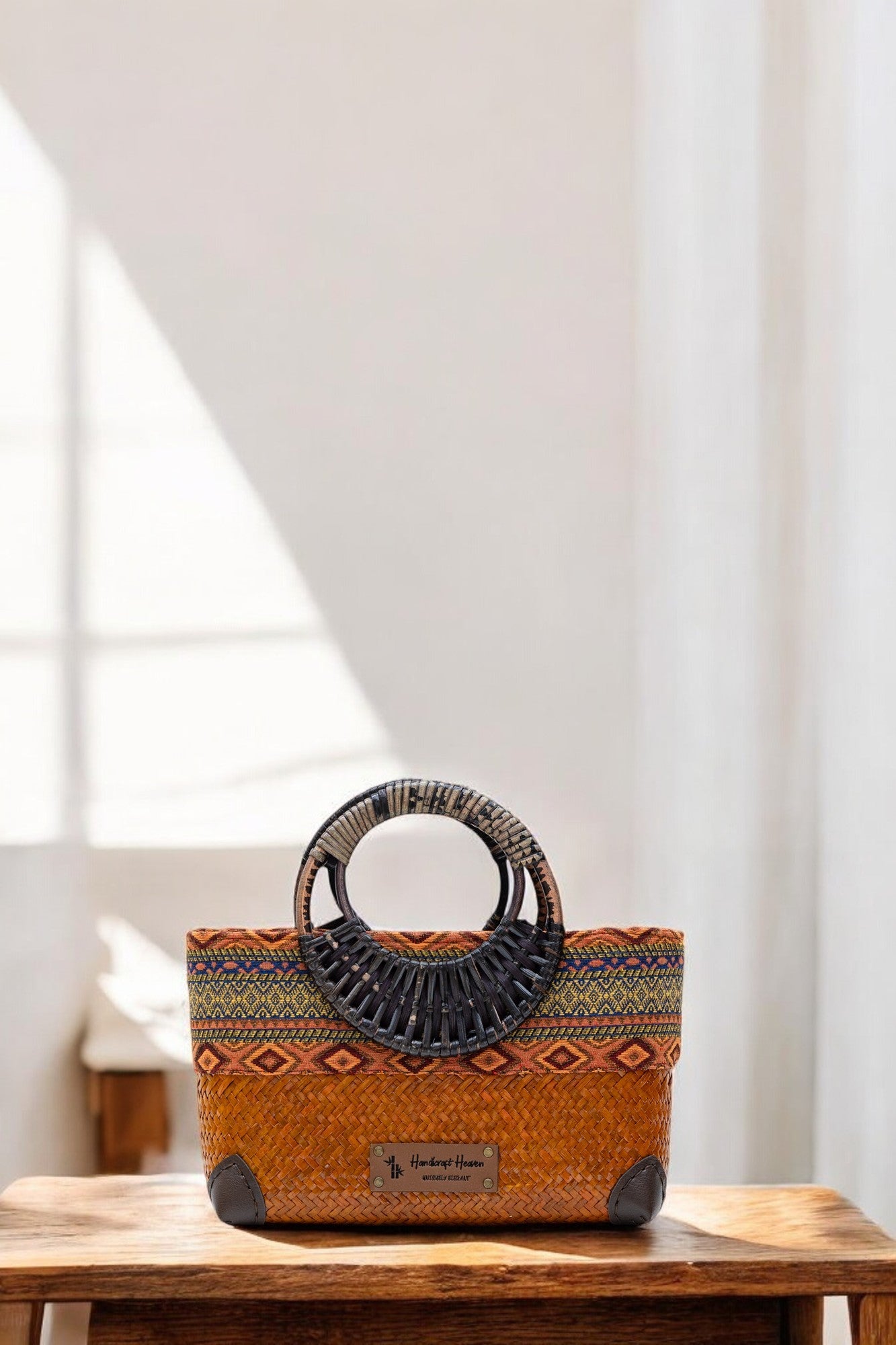 Handwoven Contemporary Thai Straw/Krajood Bags with Bamboo Top Handle Batik border and Zipper closure