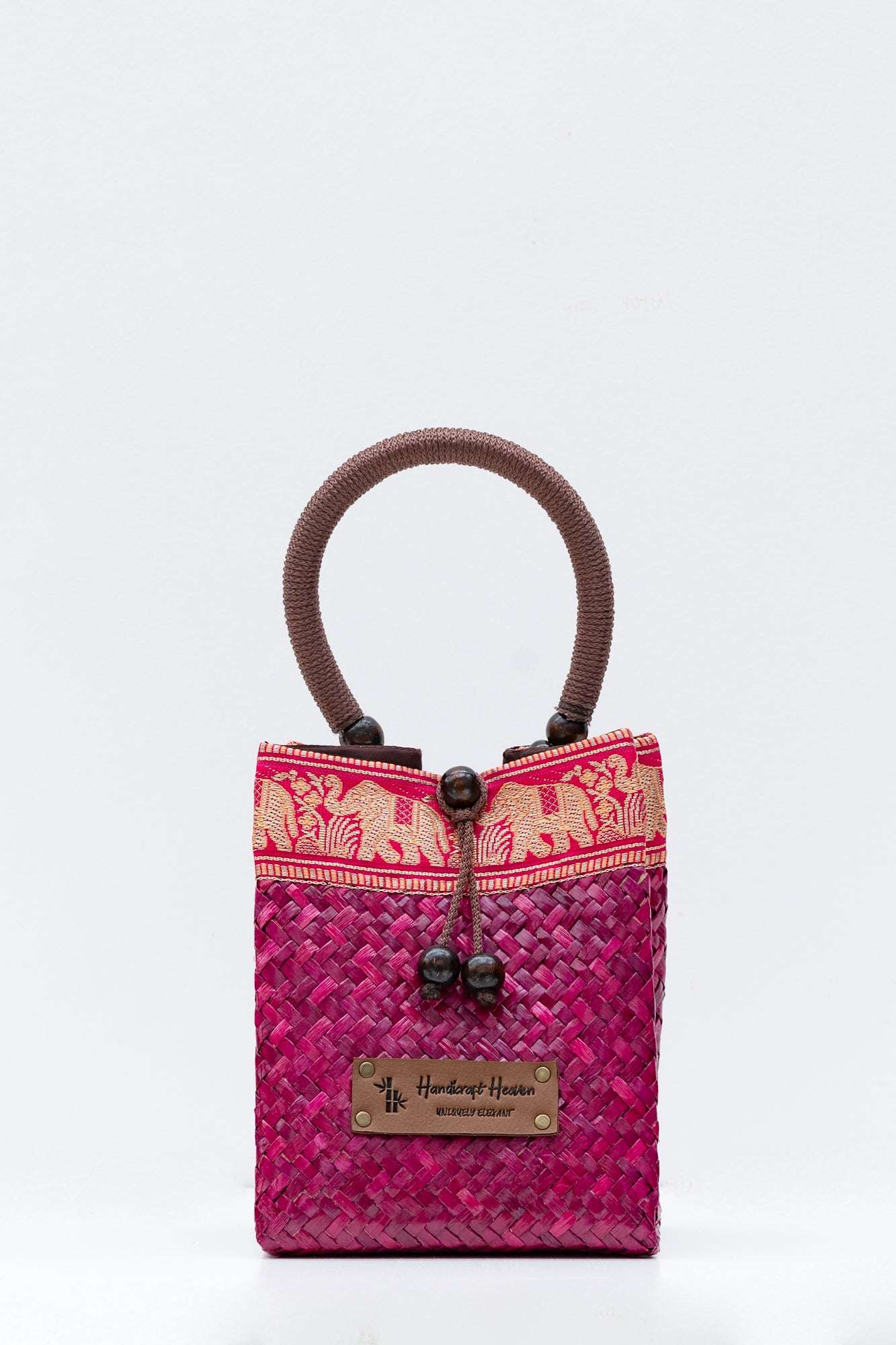 Boho pink top handle straw bag with rose orchid silk detail – Mini tote by Handicraft Heaven