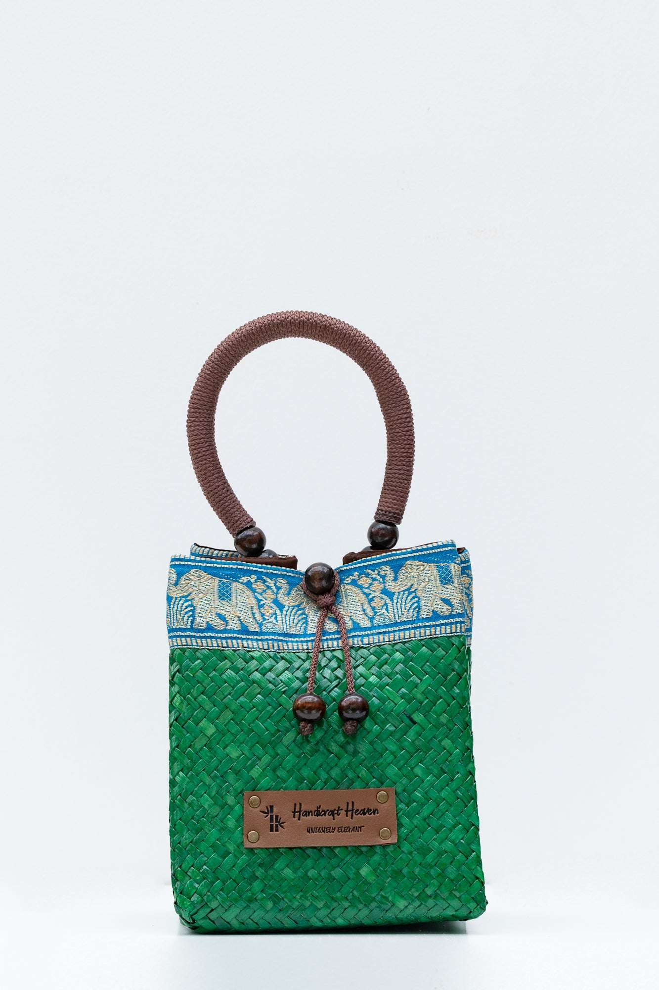Green Thai straw mini tote bag with elegant silk border – Handmade by Handicraft Heaven