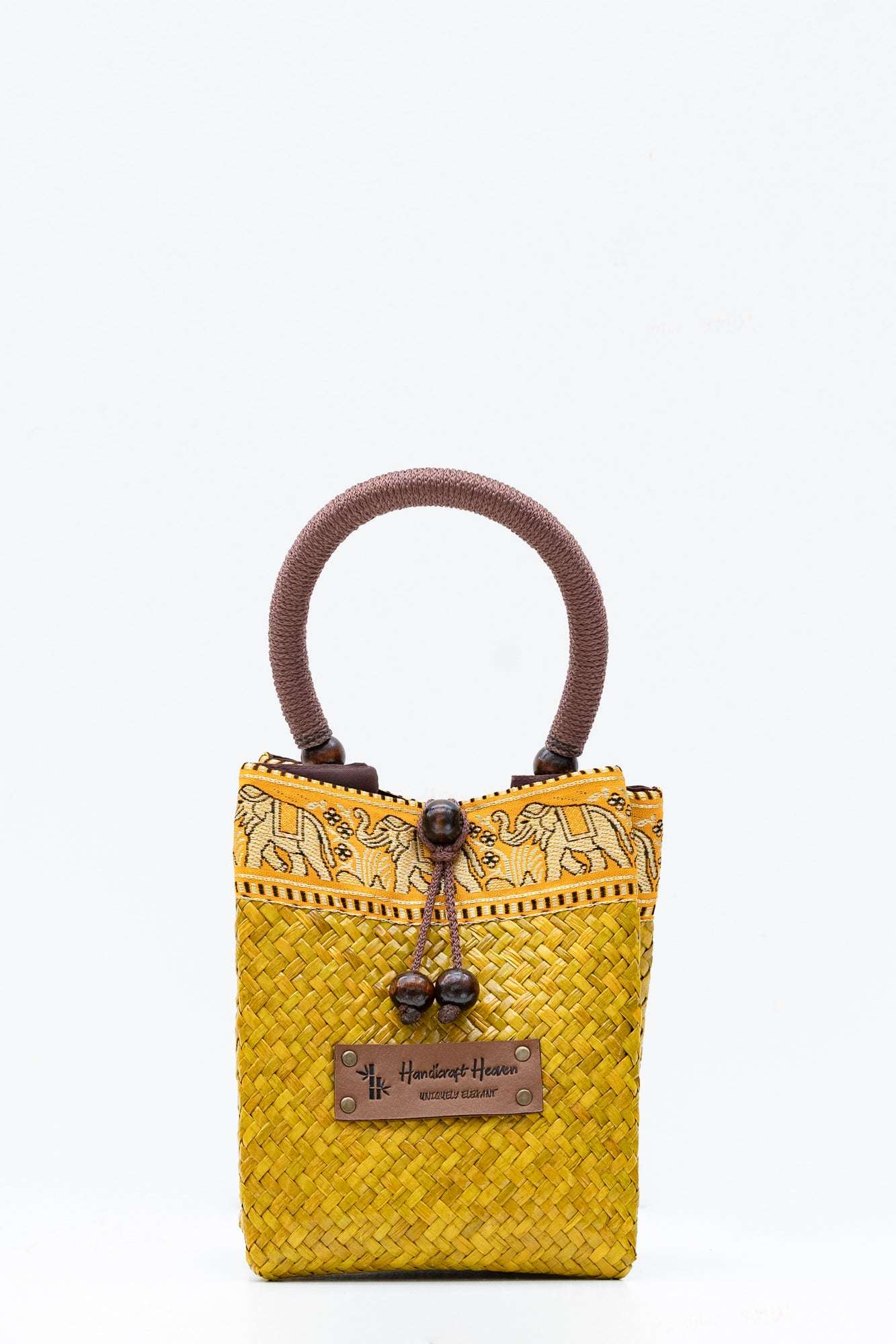 Handmade mini tote top handle bag in golden marigold yellow straw with silk border – Handicraft Heaven