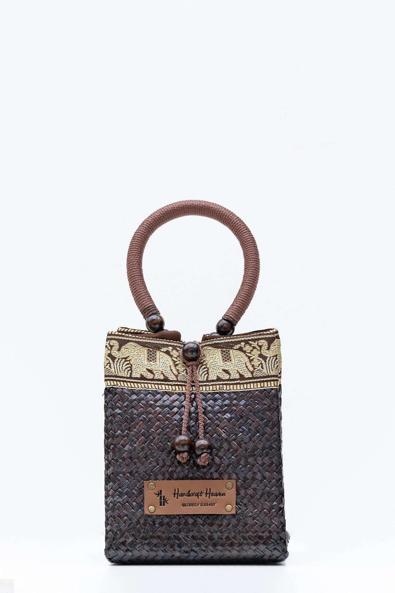 Handmade brown straw mini tote with silk border – Rustic Walnut top handle bag by Handicraft Heaven