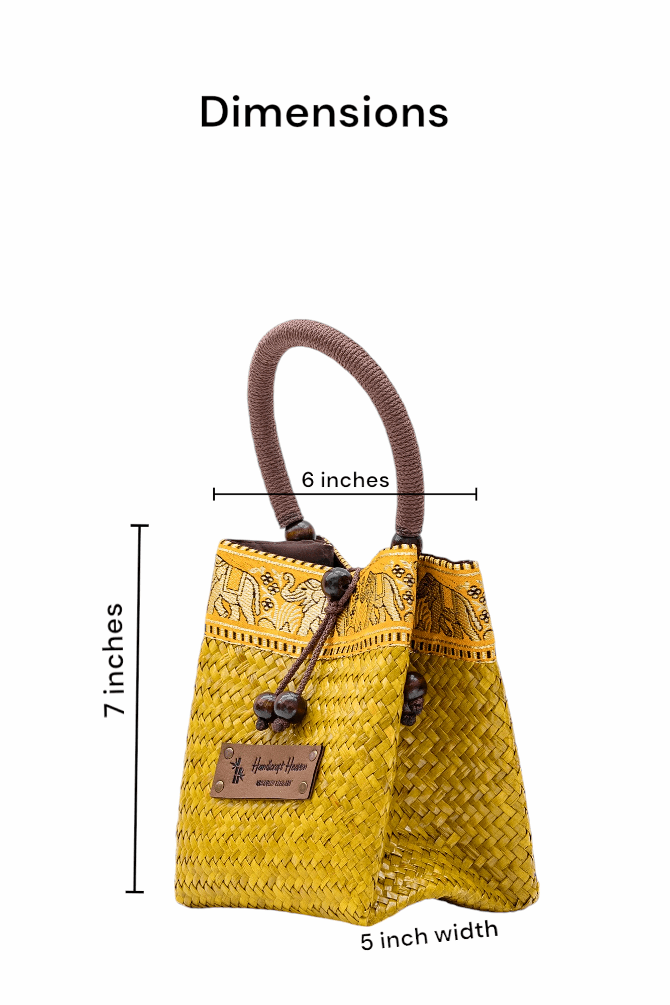 Yellow woven bag with dimensions labeled on a white background