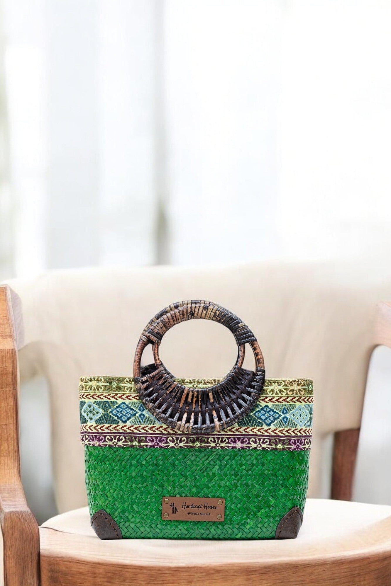 Handwoven Contemporary Thai Straw/Krajood Bags with Bamboo Top Handle Batik border and Zipper closure