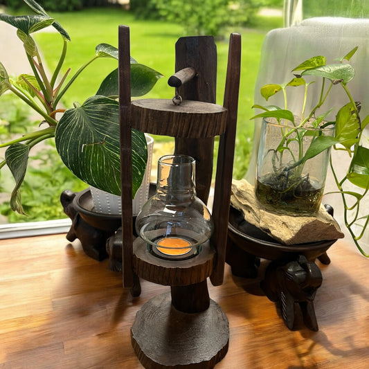 Rustic Handcrafted Teakwood Hurricane Hanging Tea Light Lamp with Glass. Rustic Home Decor. Wooden Lamp. Gift. Farmhouse Style. Lantern Lamp