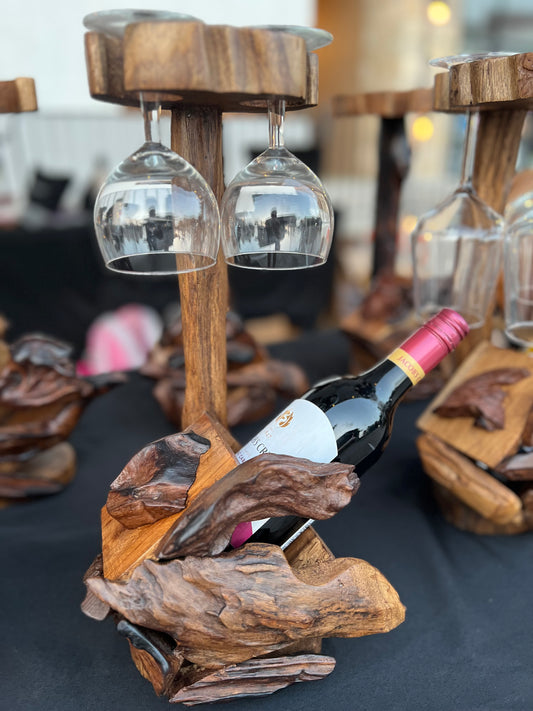 Handcrafted teakwood wine bottle and stemware holder with rustic finish