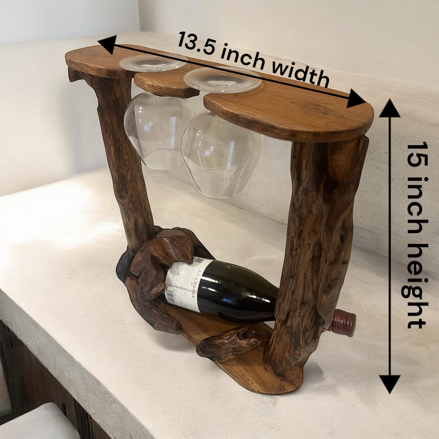 Rustic teakwood wine holder with wine bottle and glasses displayed