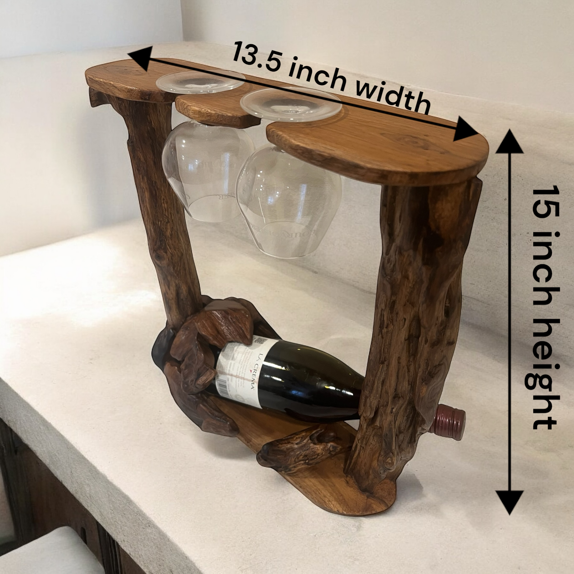 Rustic teakwood wine holder with wine bottle and glasses displayed