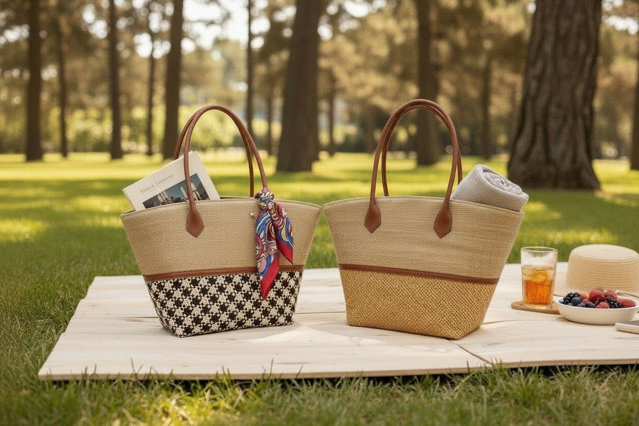 Two woven bags on a picnic blanket with a glass of juice and fruit bowl in a park setting.
