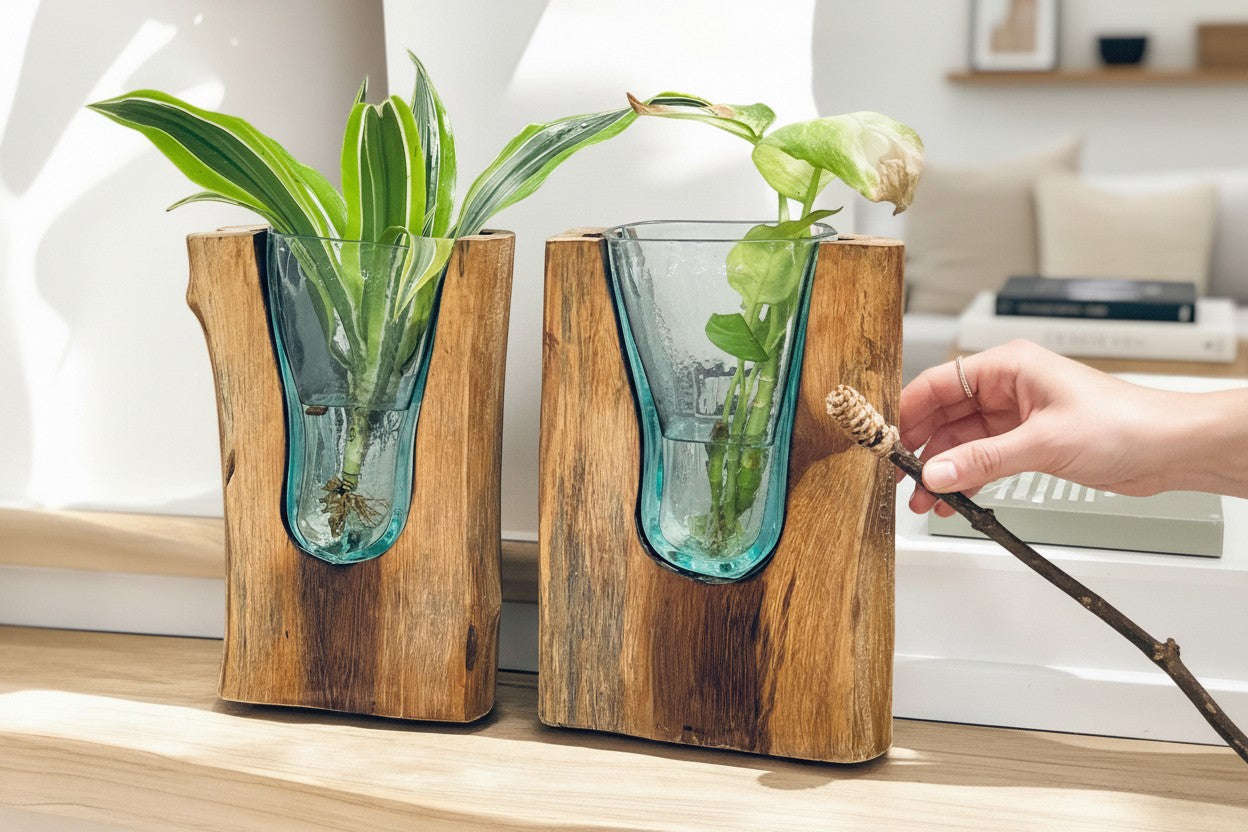 Two wooden planters with glass inserts holding plants, one being adjusted by a hand.