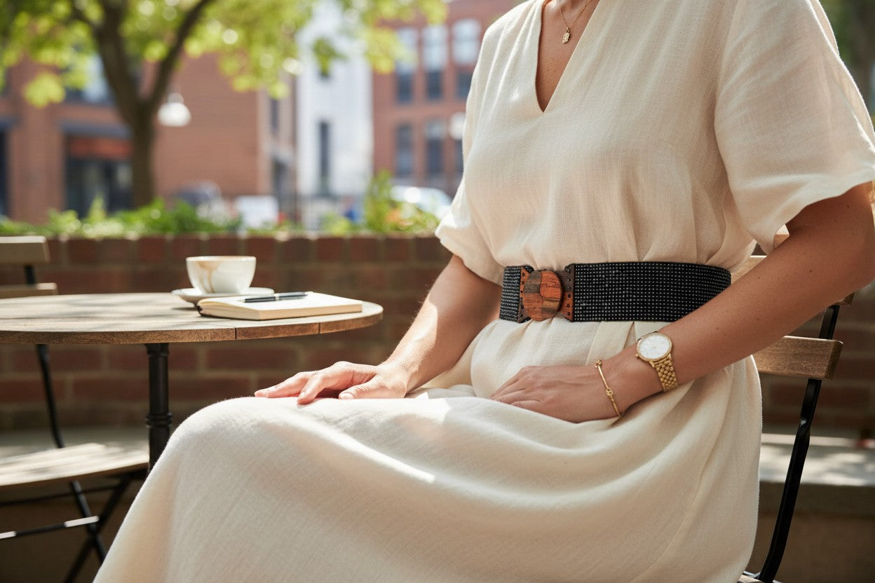 Person wearing a white dress with a black belt sitting outdoors.