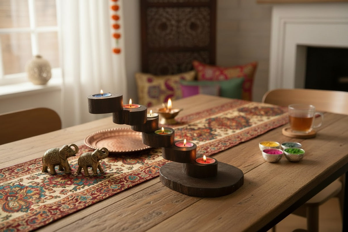 A set of five dark wooden tea light candle holders with lit tealight candles 