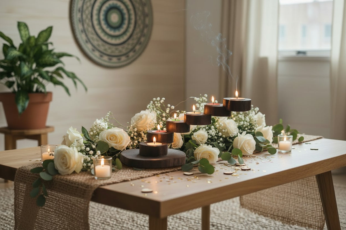 A styled wooden table in a softly lit room, decorated with white roses, baby's breath, greenery, and several dark round candles, including a central smoking incense burner and small tea light holders.