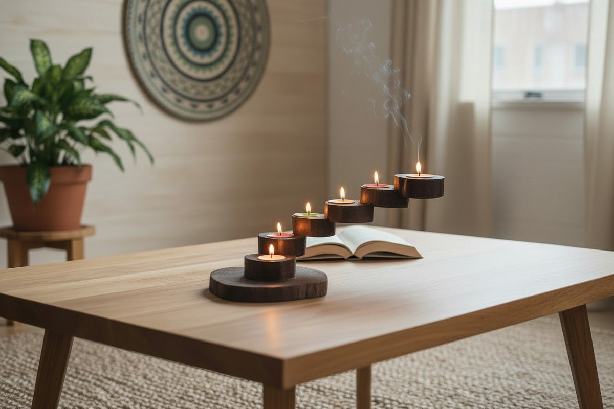 A set of five dark wooden tea light candle holders with lit tealight candles arranged in a diagonal line on a light wood table, with an open book and smoke visible in a softly lit room.