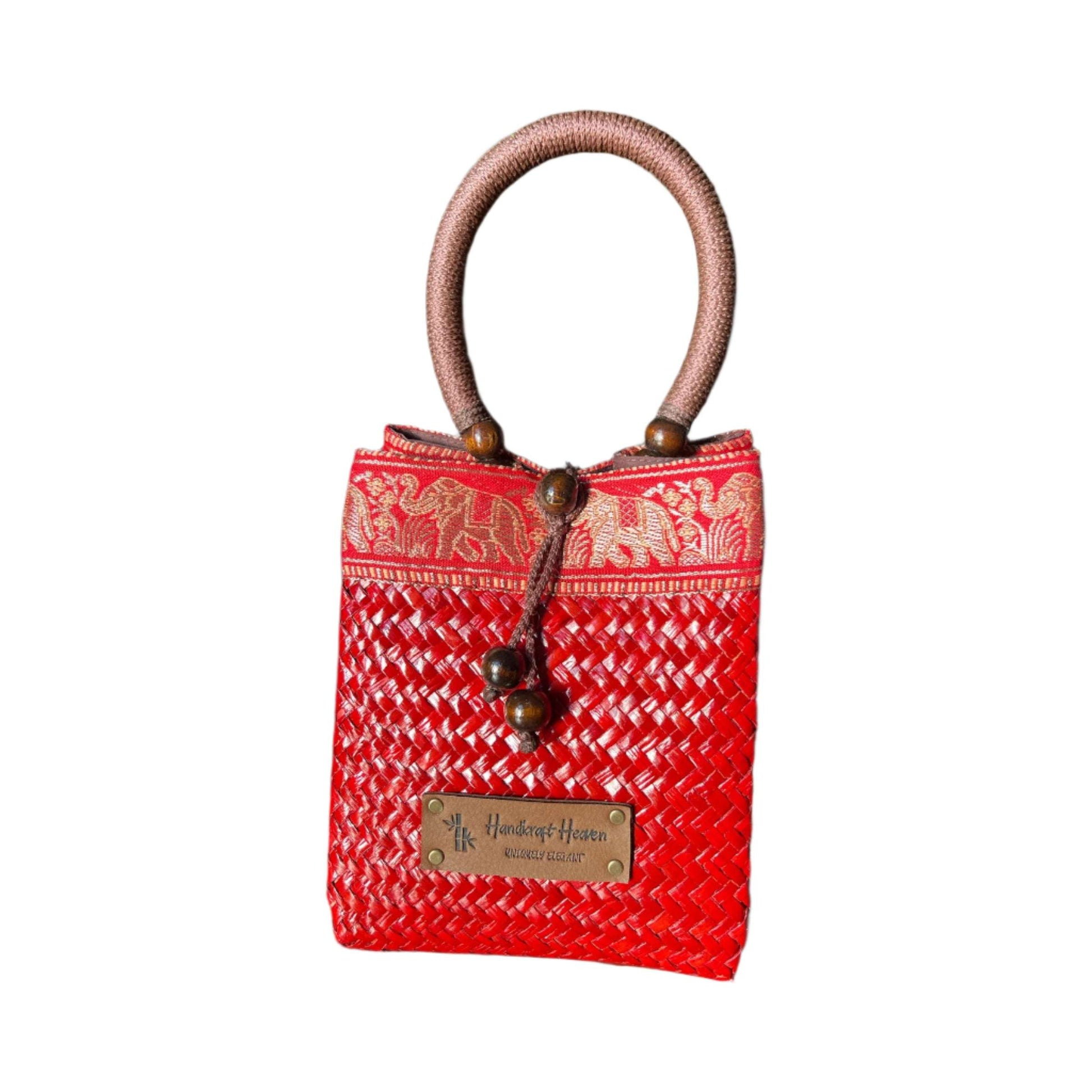 Artisan red straw mini tote with silk border, handcrafted in Thai style – Handicraft Heaven