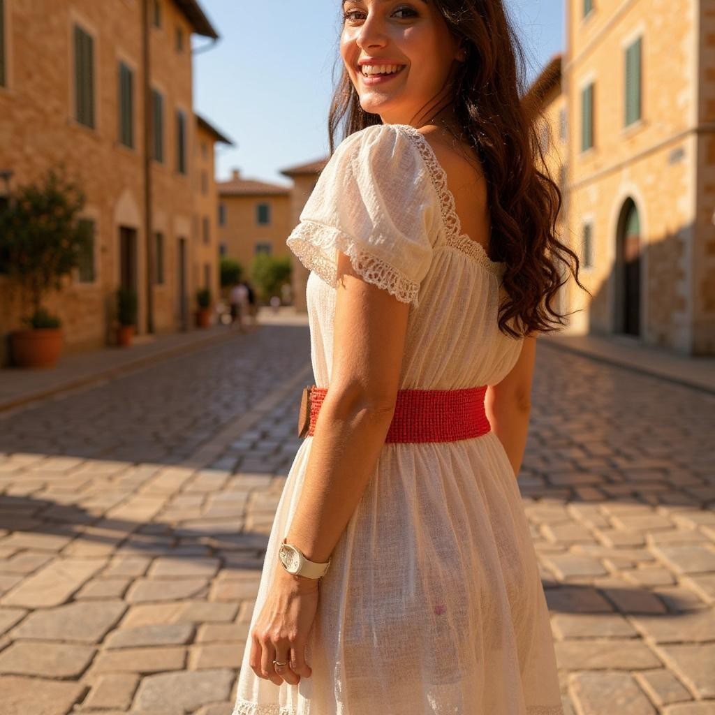 Woman in a white dress with a handmade beaded red belt standing on a cobblestone street in an Italian town.