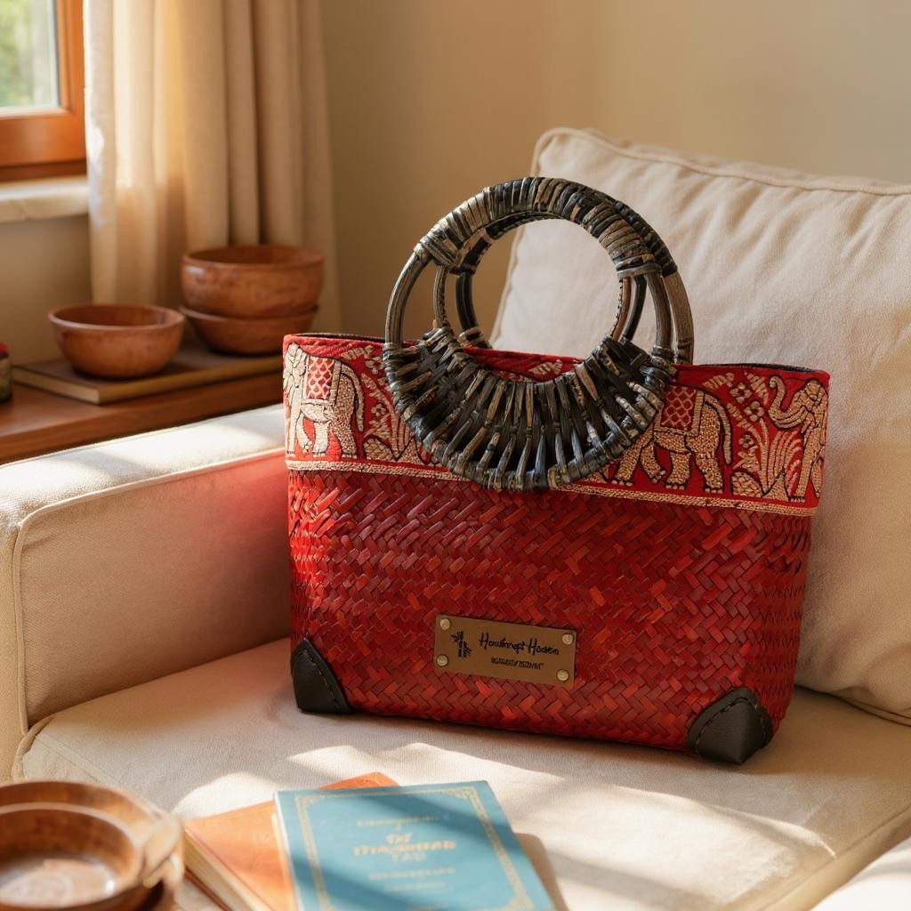 Red Handwoven straw bag with bamboo handle and silk border detail