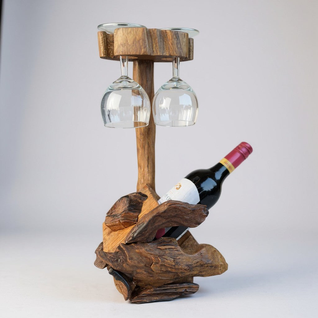 Wooden wine bottle holder with two glasses on a white background