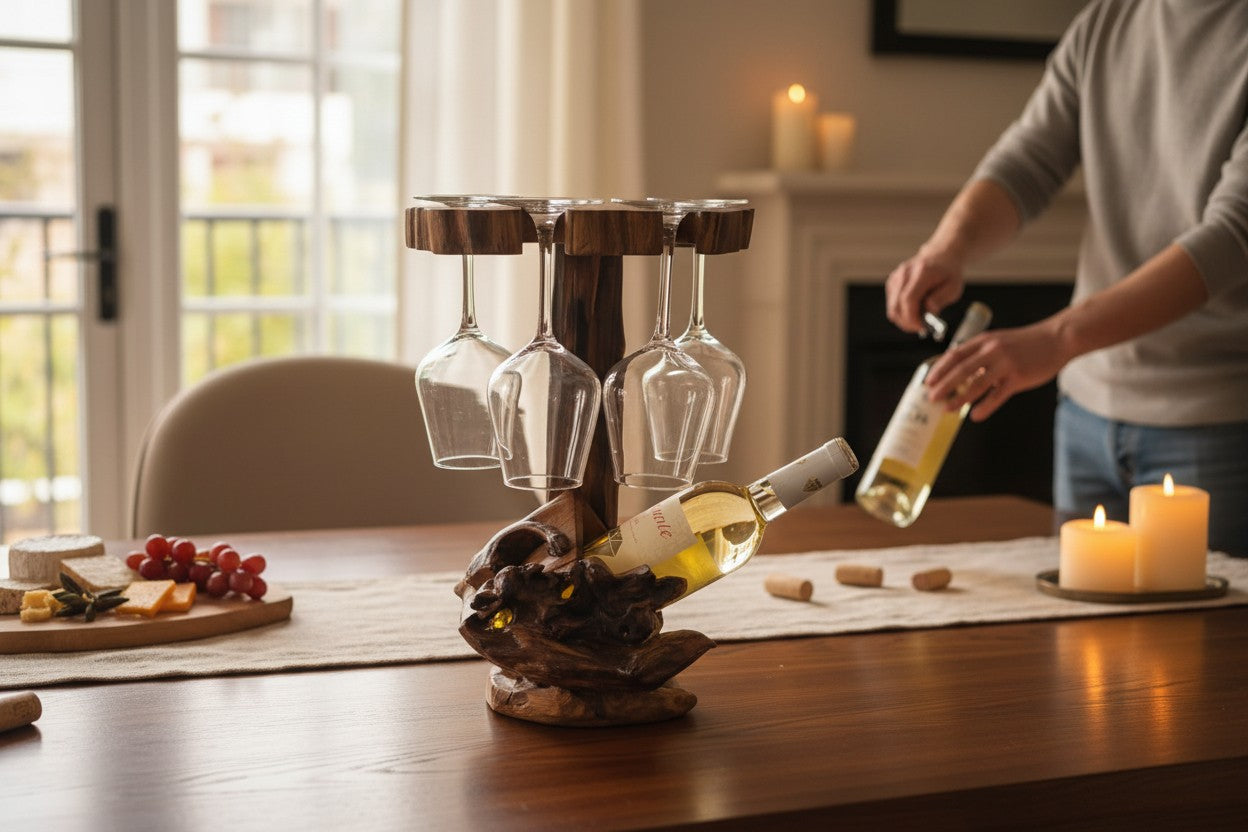 Person pouring wine into glasses from a bottle on a wooden table with a decorative wine glass holder.