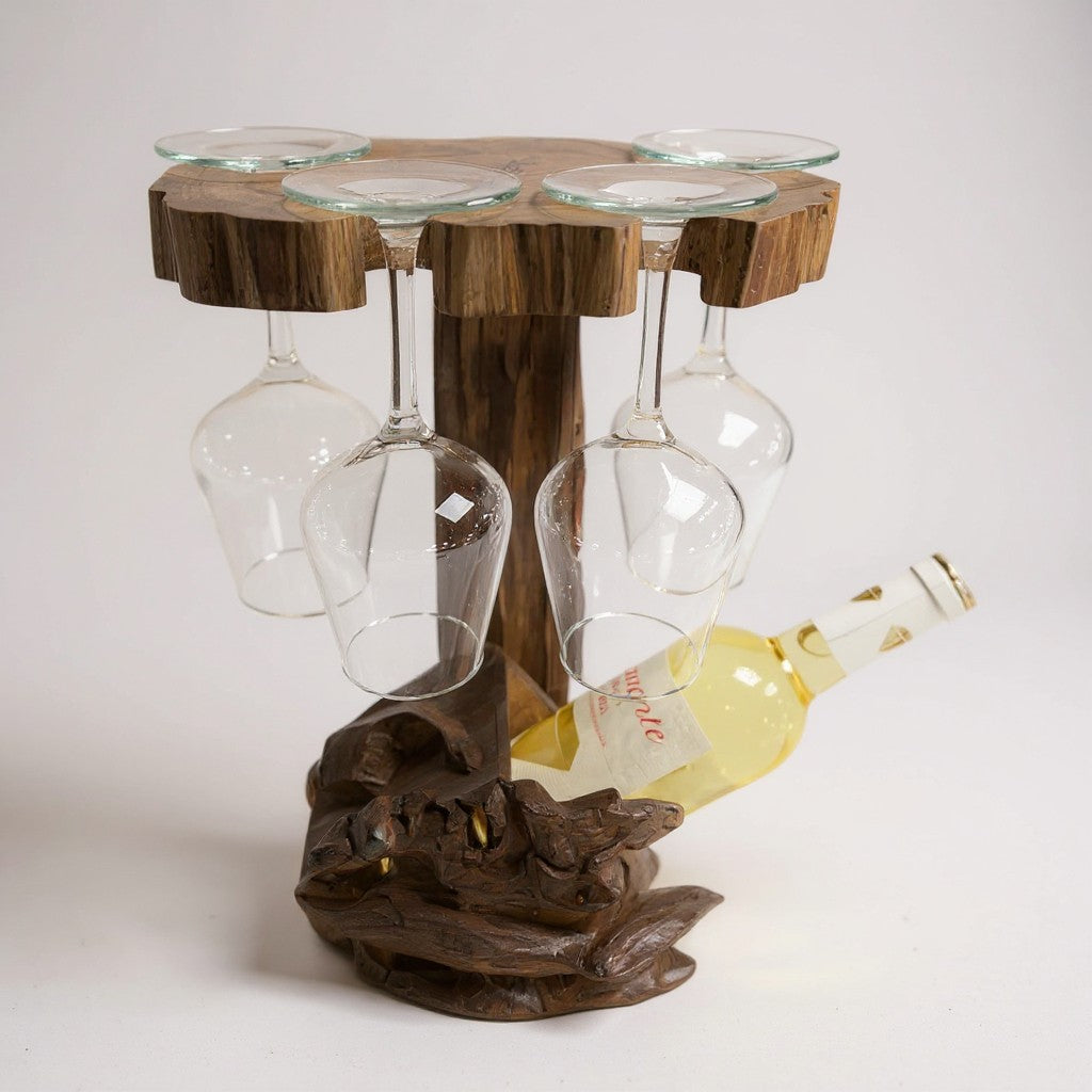 Wooden wine glass holder with hanging glasses and a bottle on a white background