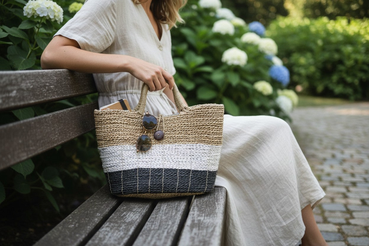 Handwoven Seagrass Beach Tote Bag, Color Block Basket Purse, Natural Fiber Summer Handbag, Coastal Boho Tote, Eco Friendly Gift