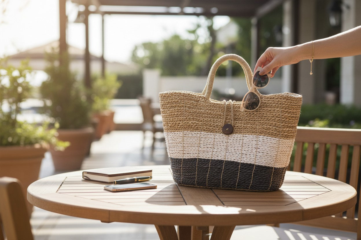 Handwoven Seagrass Beach Tote Bag, Color Block Basket Purse, Natural Fiber Summer Handbag, Coastal Boho Tote, Eco Friendly Gift