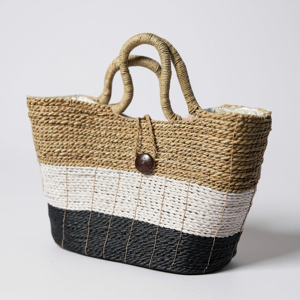 Handwoven Seagrass Beach Tote Bag, Color Block Basket Purse, Natural Fiber Summer Handbag, Coastal Boho Tote, Eco Friendly Gift