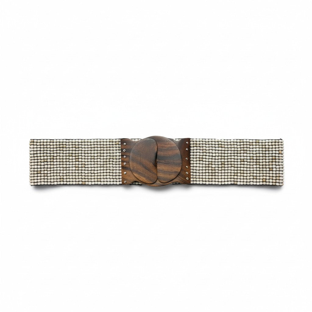 Beaded belt with wooden buckle on a white background
