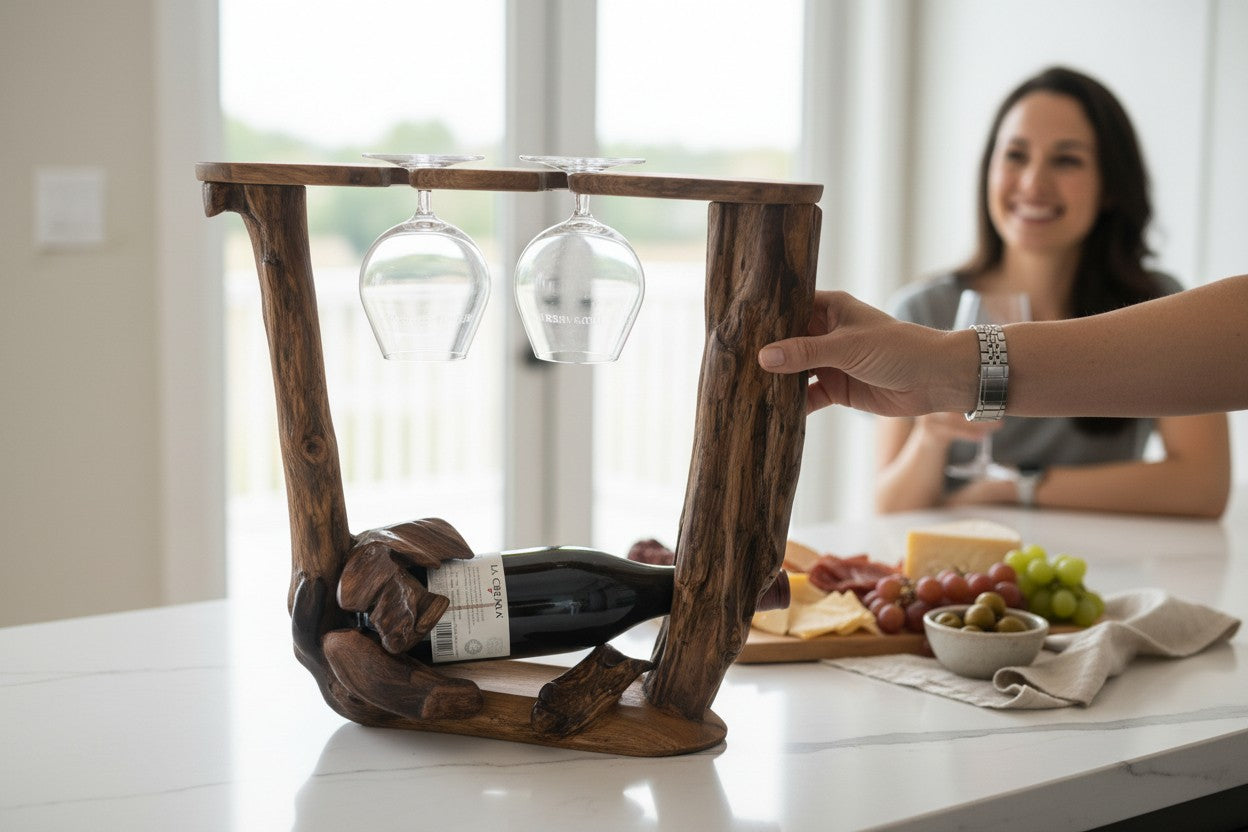 Wooden wine bottle holder with two glasses on a table with a woman in the background.