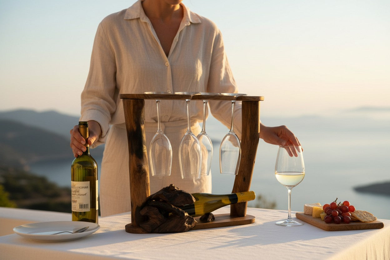Person setting up a wine table with bottles, glasses, and a sunset view.