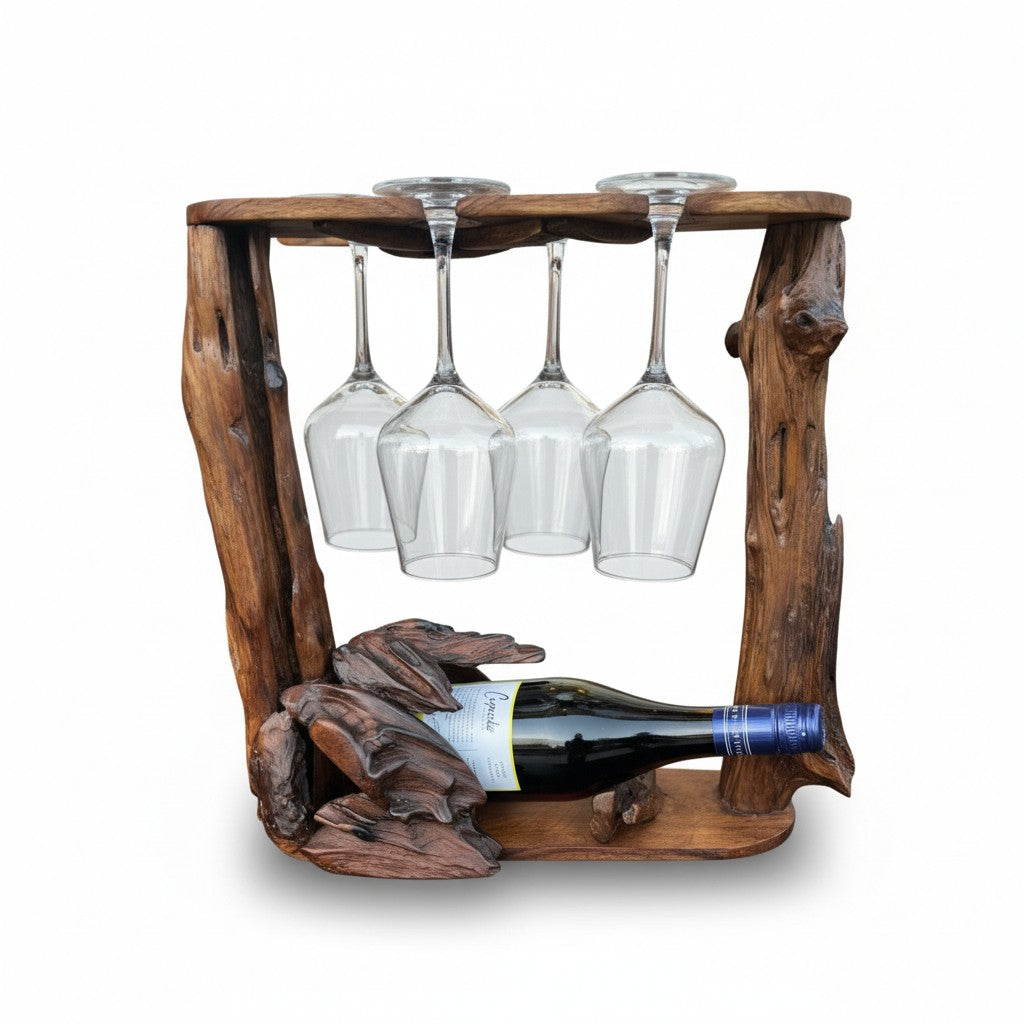 Wooden wine rack with six hanging glasses and a bottle holder on a white background