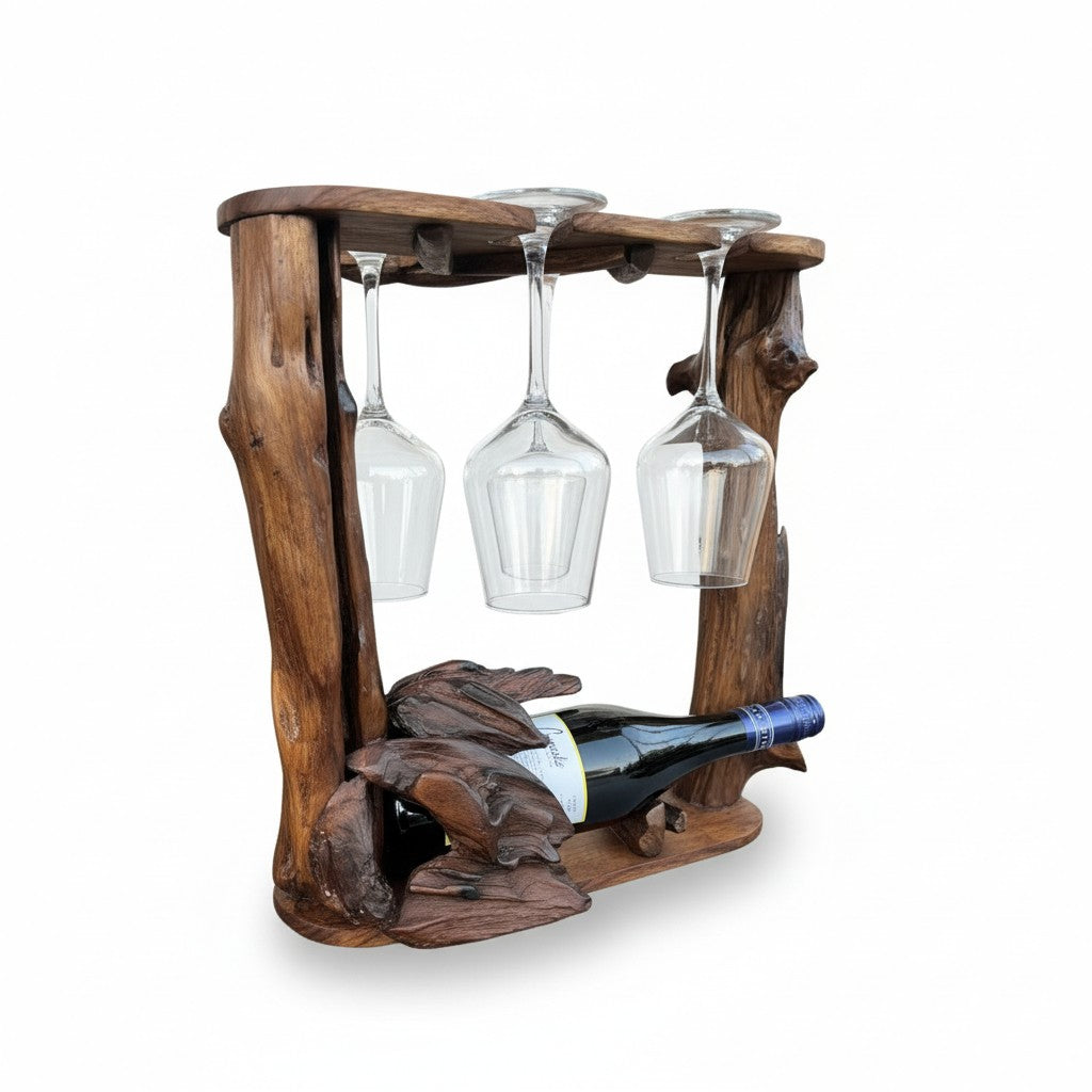 Wooden wine rack with bottle holder and hanging glasses on a white background