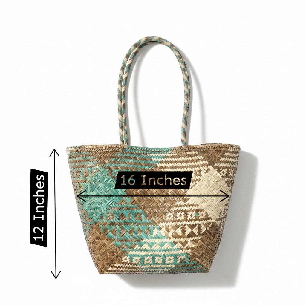 Woven handbag with measurement labels on a white background