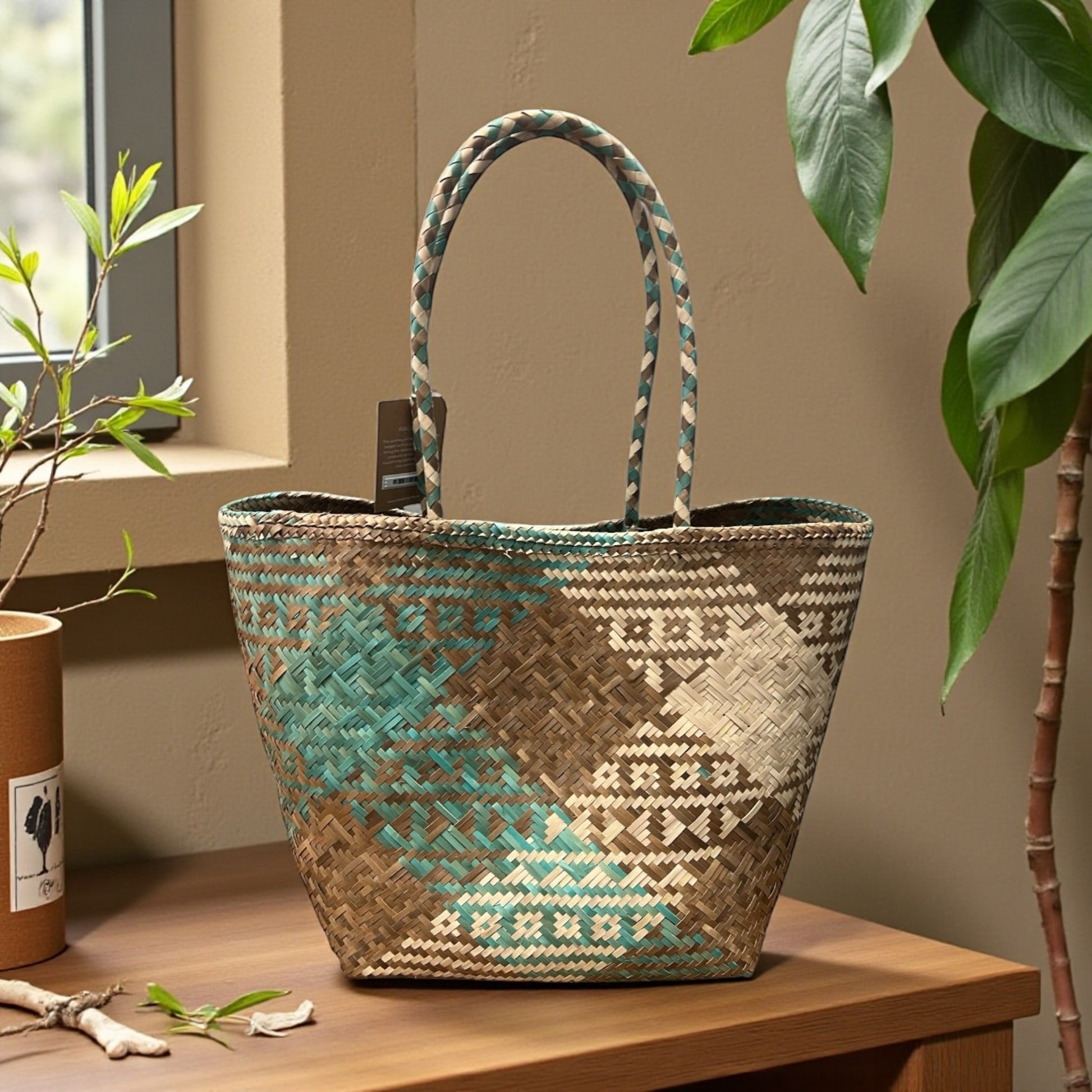 Woven basket with geometric pattern on a wooden surface with plants in the background