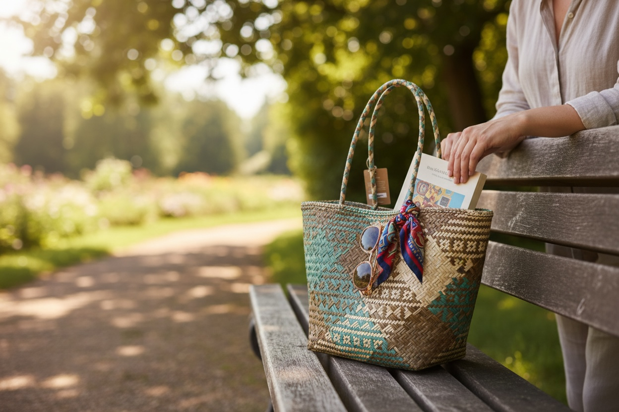 Woven bag with sunglasses and a book on a park bench