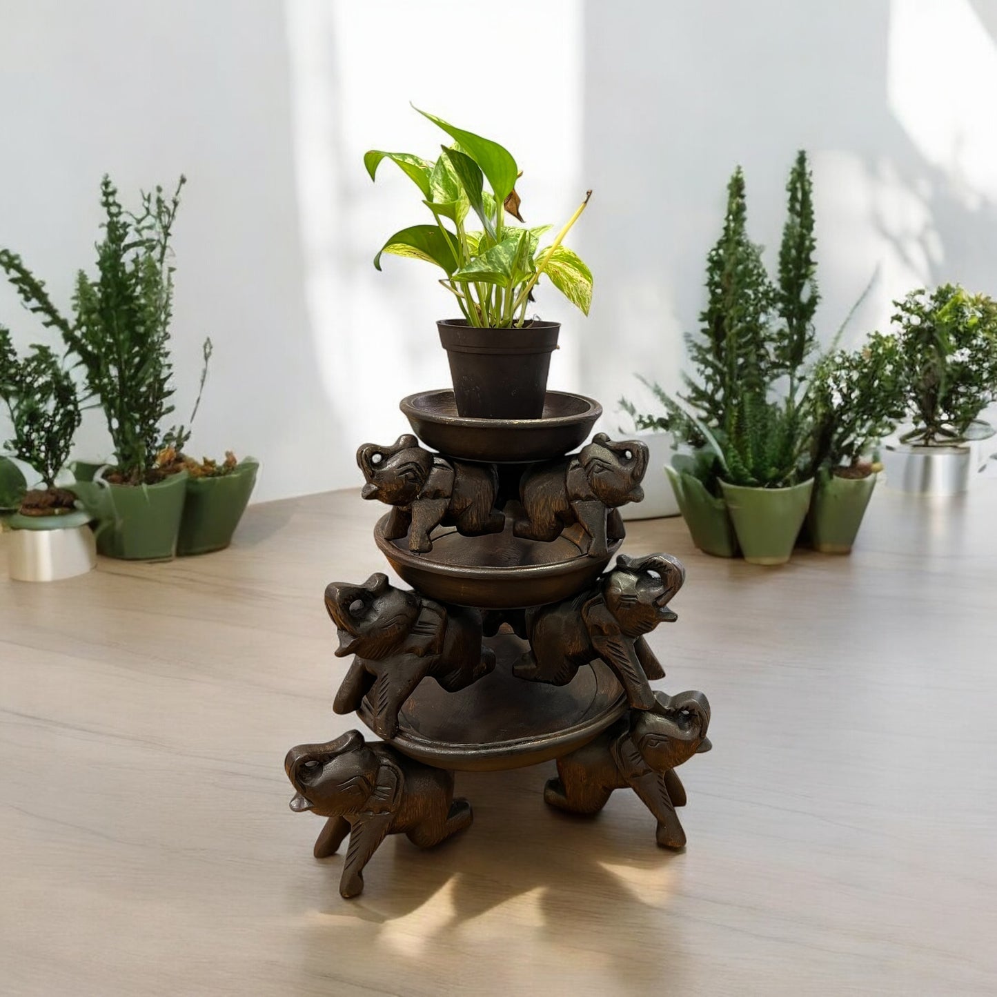 Decorative tiered plant stand with plants on a Triple Elephant Round Wood Tray Stand