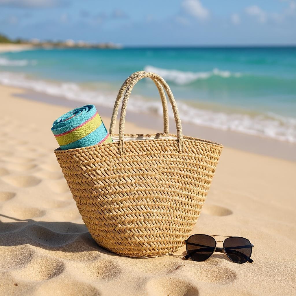Woven beach bag with colorful towel and sunglasses on a sandy beach with ocean view