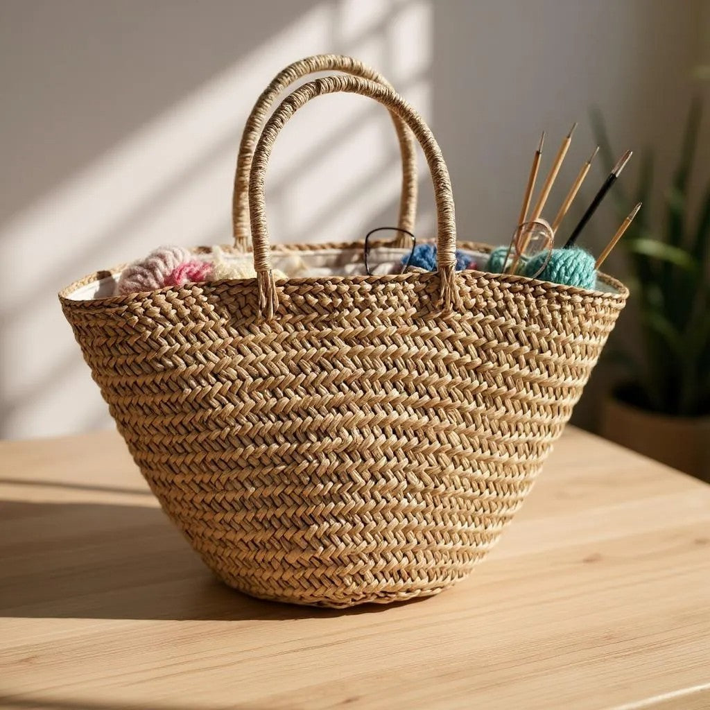 Woven basket with yarn and knitting needles on a wooden surface