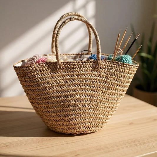 Woven basket with yarn and knitting needles on a wooden surface