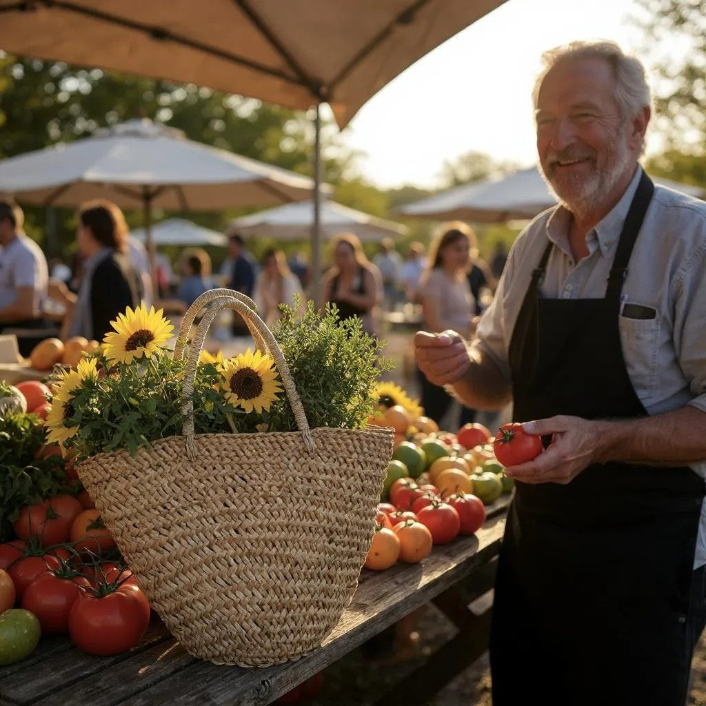 Man standing behind a table with fresh produce at an outdoor market.