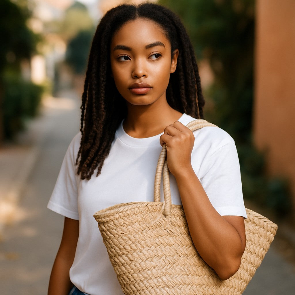 Woman holding a woven bag outdoors