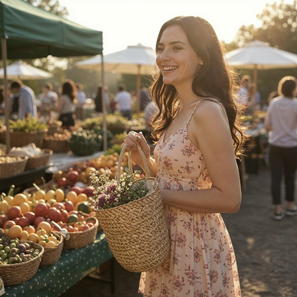 Woman holding a woven basket with flowers at an outdoor farmers market.