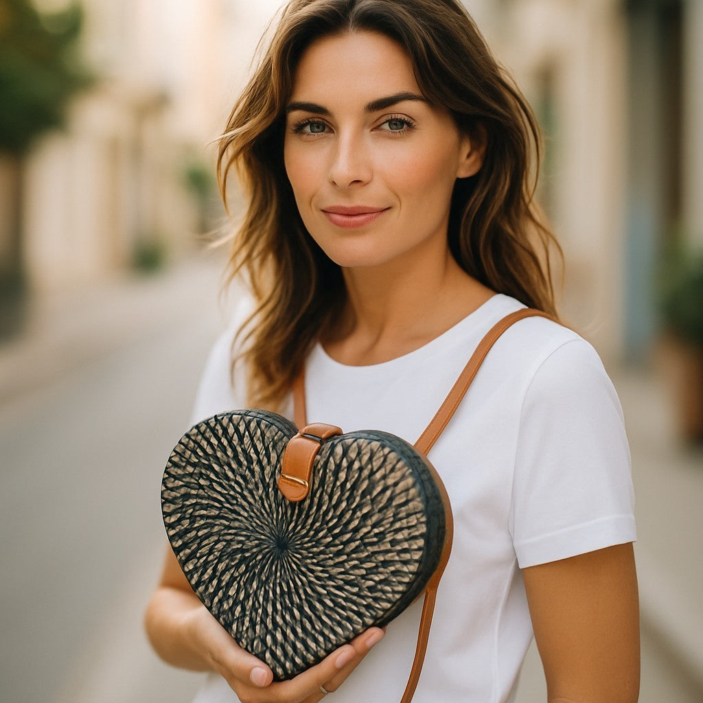Woman holding a heart-shaped woven clutch bag on a blurred street background